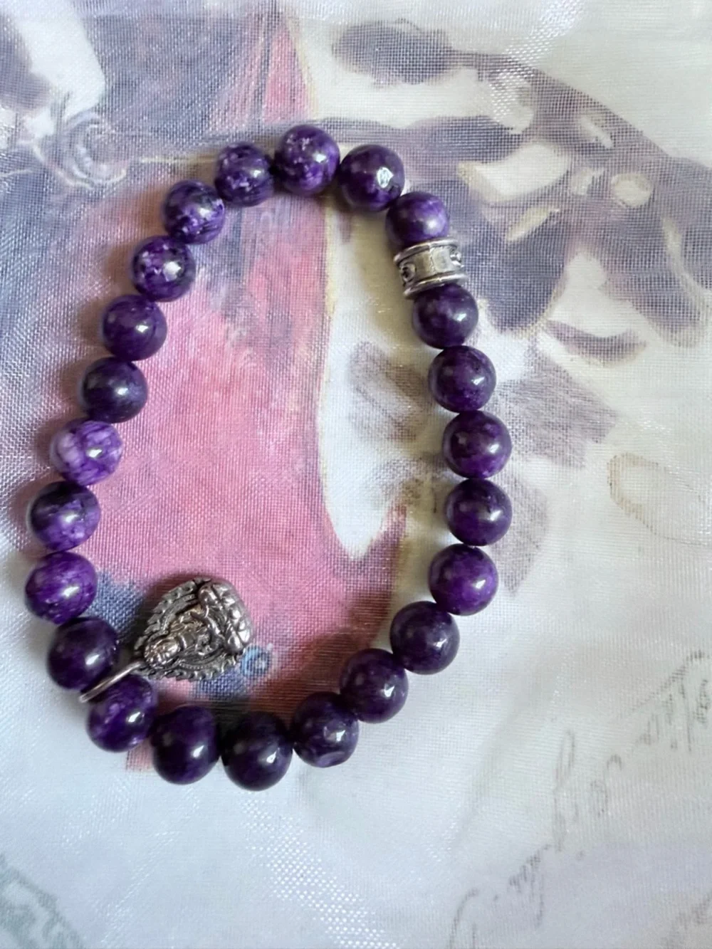 Boho Beaded Bracelet Stack • Gemstone Mix • Purple Green Gold Tones - Picture 6 of 8